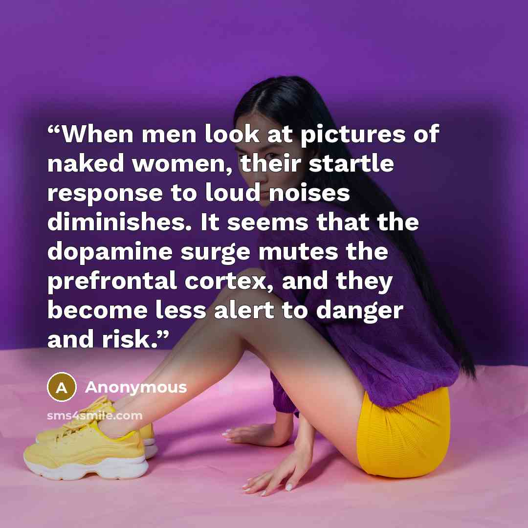 “When men look at pictures of naked women, their startle response to loud noises diminishes. It seems that the dopamine surge mutes the prefrontal cortex, and they become less alert to danger and risk.” quote by Anonymous
