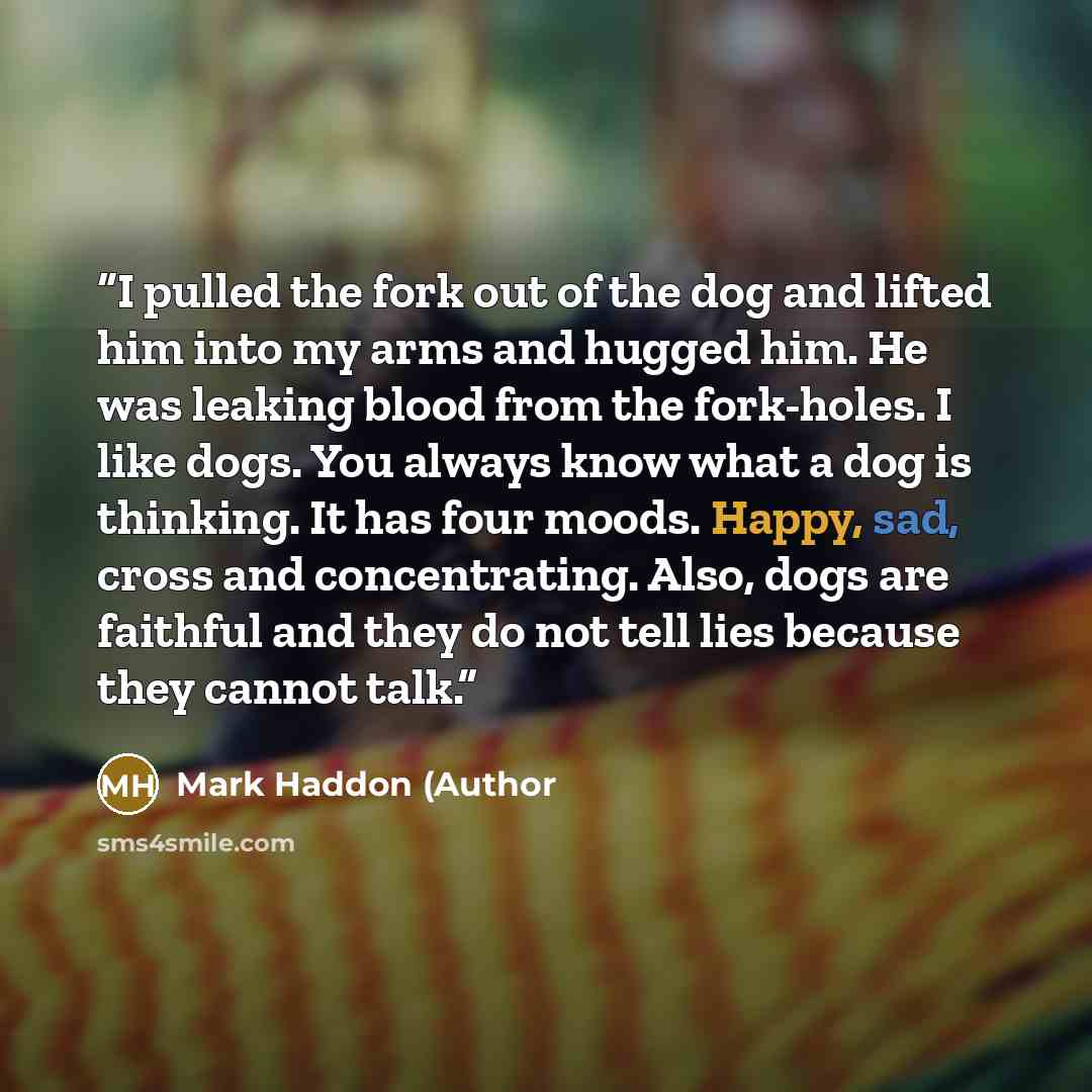 “I pulled the fork out of the dog and lifted him into my arms and hugged him. He was leaking blood from the fork-holes. I like dogs. You always know what a dog is thinking. It has four moods. Happy, sad, cross and concentrating. Also, dogs are faithful and they do not tell lies because they cannot…” quote by Mark Haddon (Author