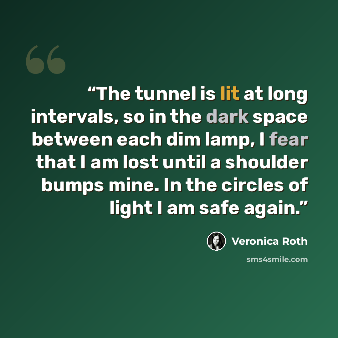 “The tunnel is lit at long intervals, so in the dark space between each dim lamp, I fear that I am lost until a shoulder bumps mine. In the circles of light I am safe again.” quote by Veronica Roth