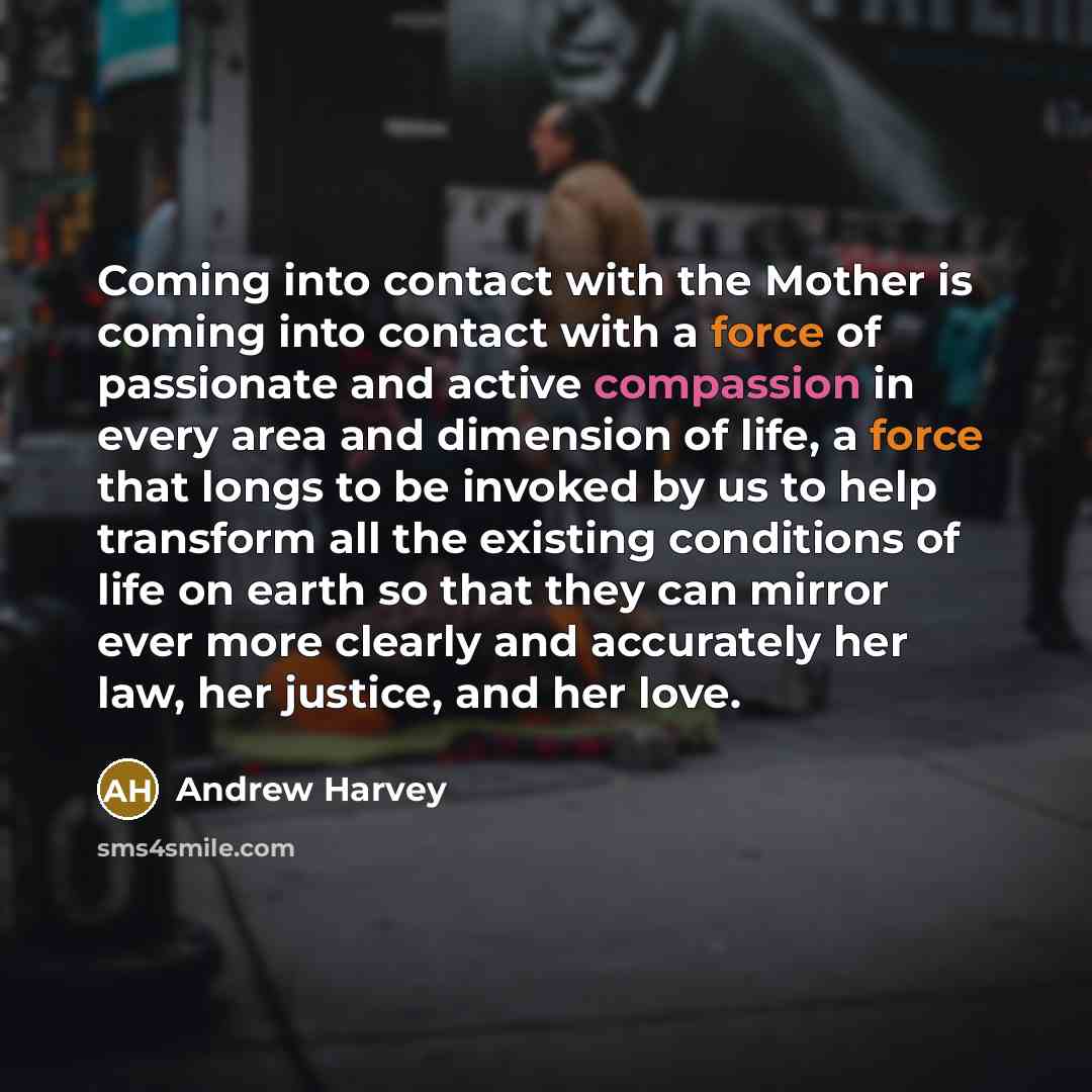 “Coming into contact with the Mother is coming into contact with a force of passionate and active compassion in every area and dimension of life, a force that longs to be invoked by us to help transform all the existing conditions of life on earth so that they can mirror ever more clearly and…” quote by Andrew Harvey
