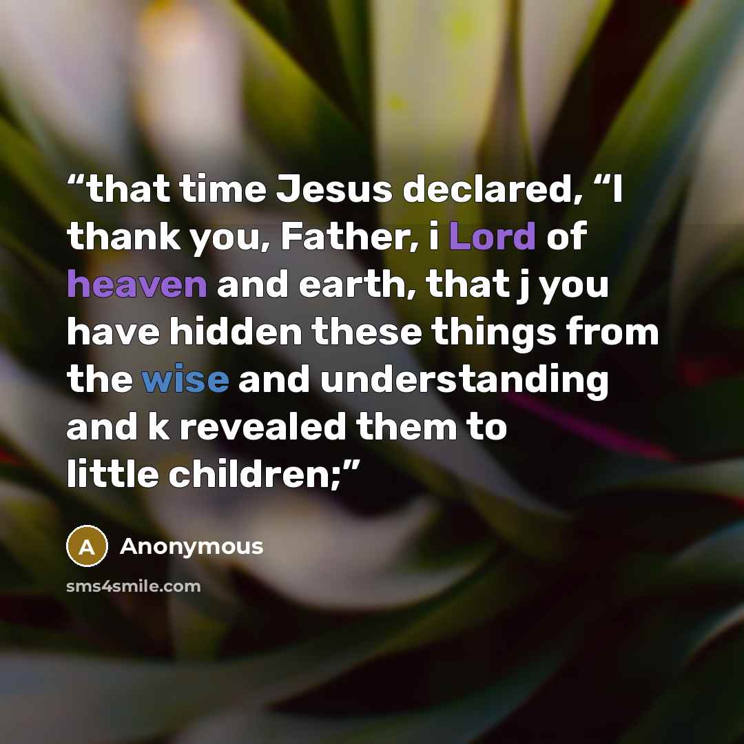 “that time Jesus declared, “I thank you, Father, i Lord of heaven and earth, that j you have hidden these things from the wise and understanding and k revealed them to little children;” quote by Anonymous