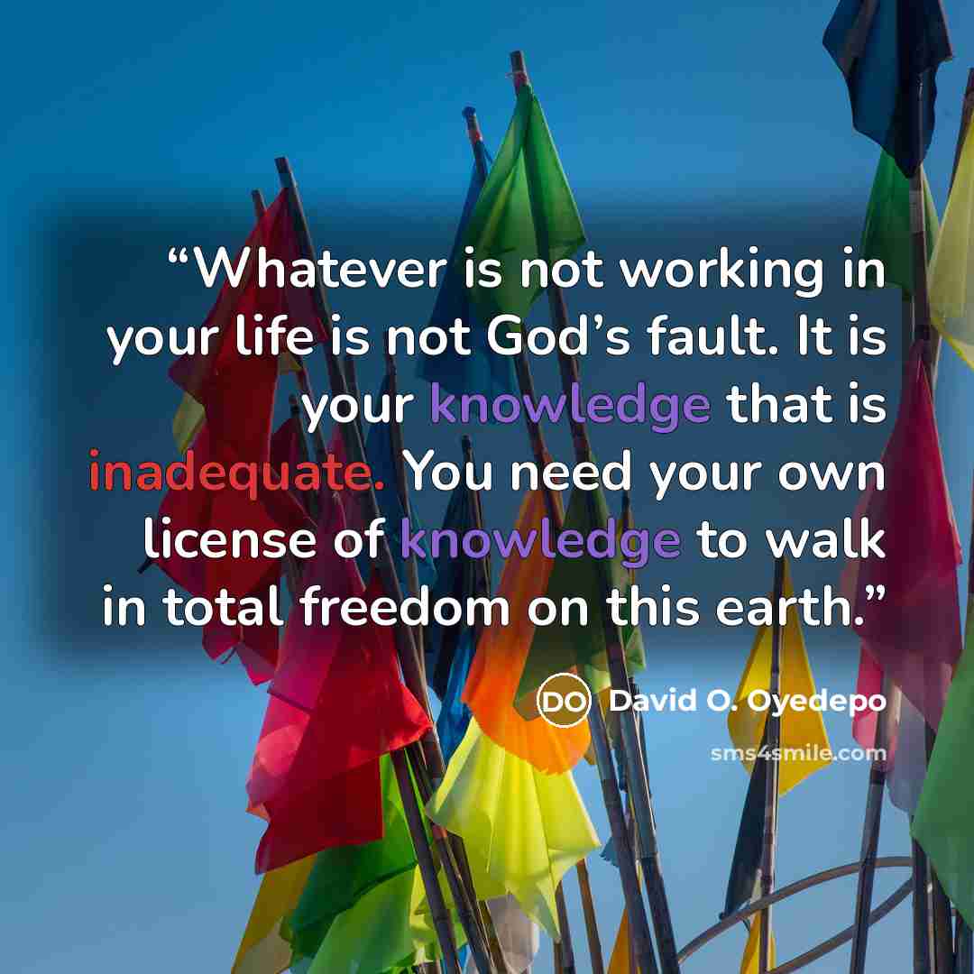 “Whatever is not working in your life is not God’s fault. It is your knowledge that is inadequate. You need your own license of knowledge to walk in total freedom on this earth.” quote by David O. Oyedepo