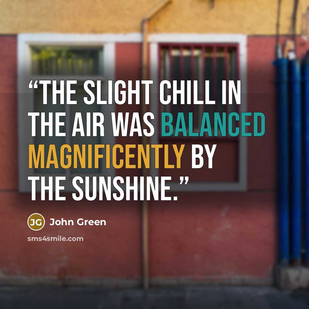 “The slight chill in the air was balanced magnificently by the sunshine.” quote by John Green