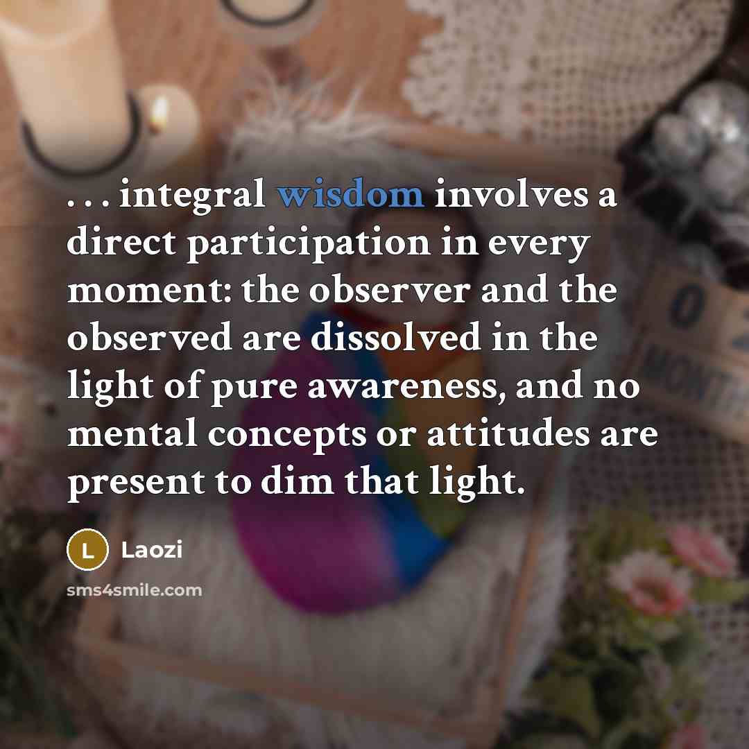 “. . . integral wisdom involves a direct participation in every moment: the observer and the observed are dissolved in the light of pure awareness, and no mental concepts or attitudes are present to dim that light.” quote by Laozi