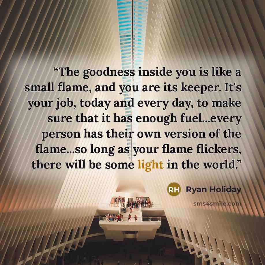 “The goodness inside you is like a small flame, and you are its keeper. It's your job, today and every day, to make sure that it has enough fuel...every person has their own version of the flame...so long as your flame flickers, there will be some light in the world.” quote by Ryan Holiday