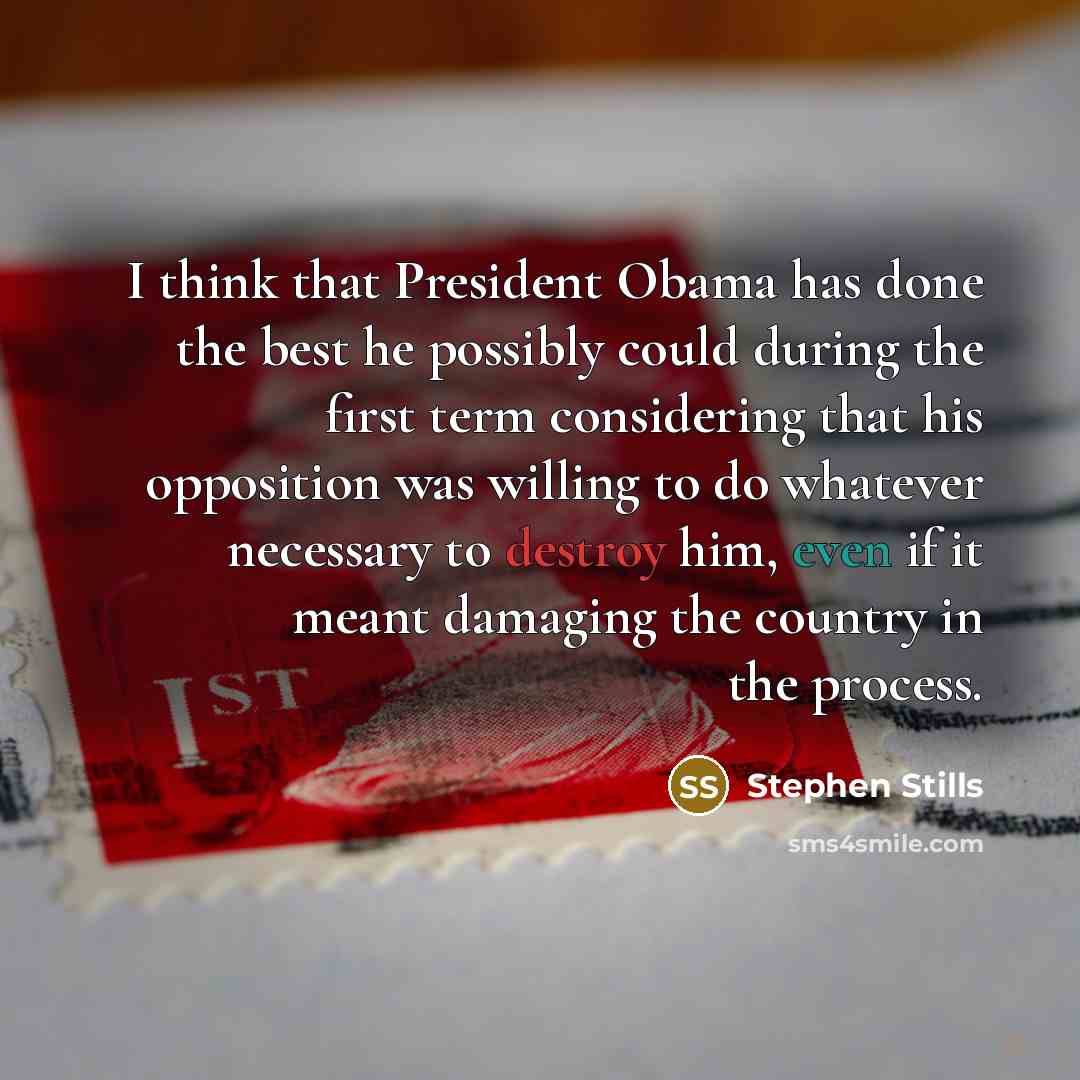 “I think that President Obama has done the best he possibly could during the first term considering that his opposition was willing to do whatever necessary to destroy him, even if it meant damaging the country in the process.” quote by Stephen Stills