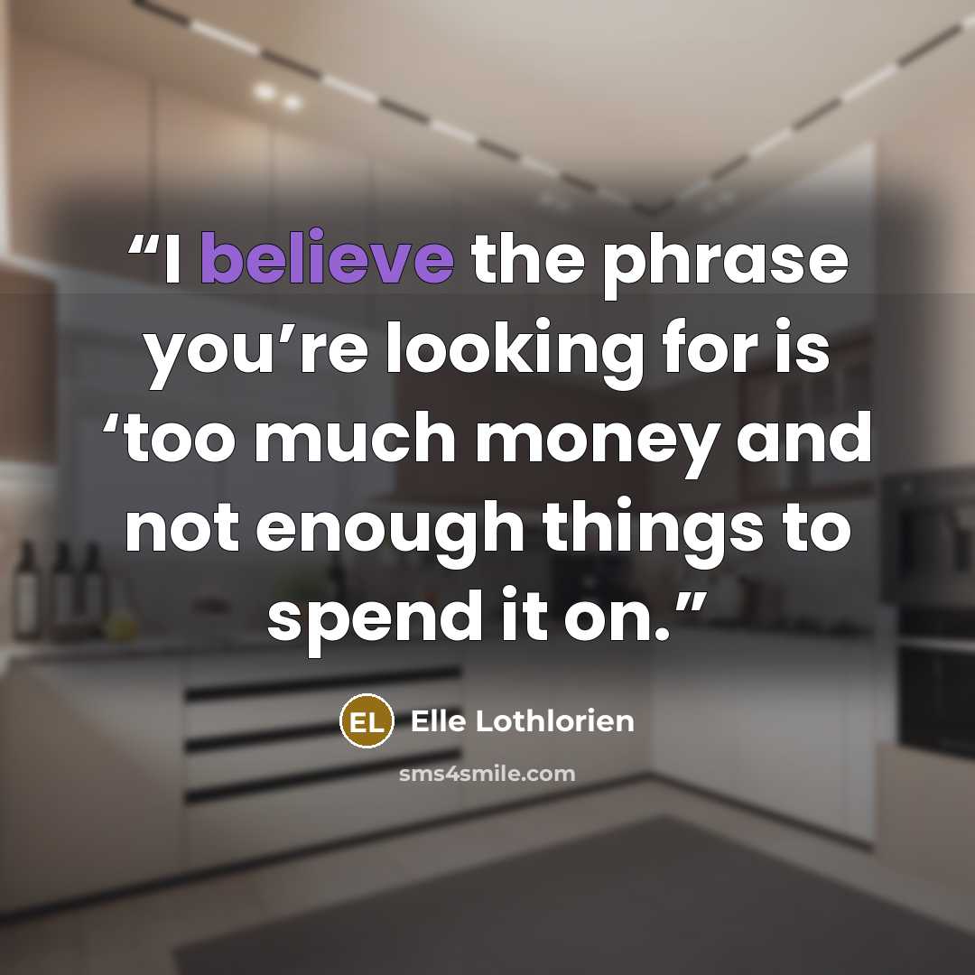 “I believe the phrase you’re looking for is ‘too much money and not enough things to spend it on.” quote by Elle Lothlorien