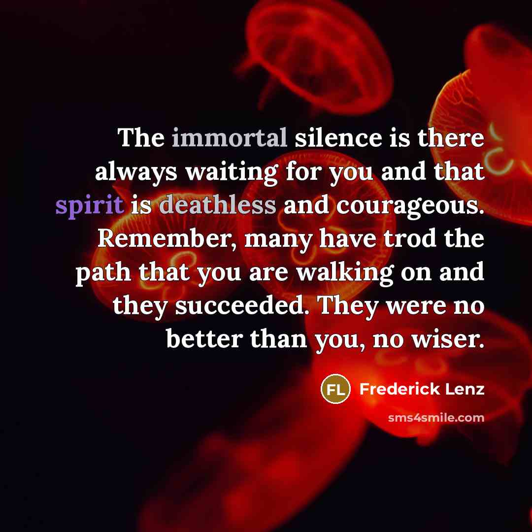 “The immortal silence is there always waiting for you and that spirit is deathless and courageous. Remember, many have trod the path that you are walking on and they succeeded. They were no better than you, no wiser.” quote by Frederick Lenz