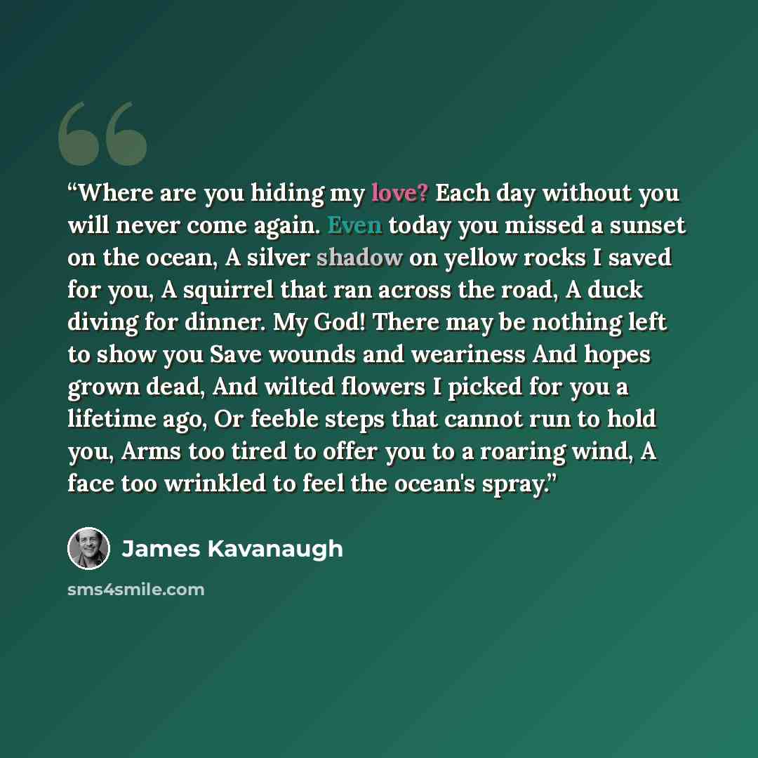 “Where are you hiding my love? Each day without you will never come again. Even today you missed a sunset on the ocean, A silver shadow on yellow rocks I saved for you, A squirrel that ran across the road, A duck diving for dinner. My God! There may be nothing left to show you Save wounds and…” quote by James Kavanaugh