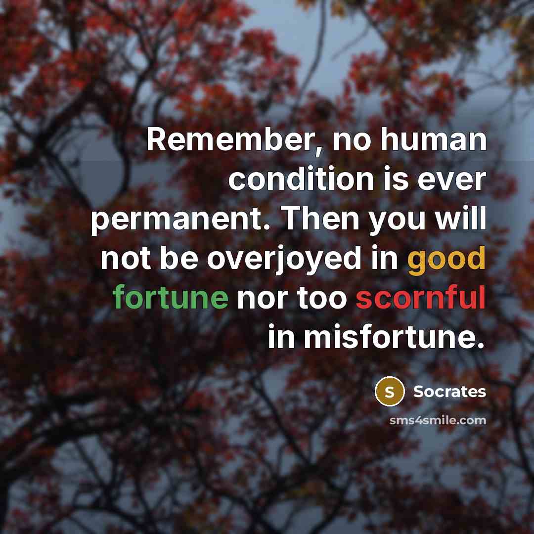“Remember, no human condition is ever permanent. Then you will not be overjoyed in good fortune nor too scornful in misfortune.” quote by Socrates