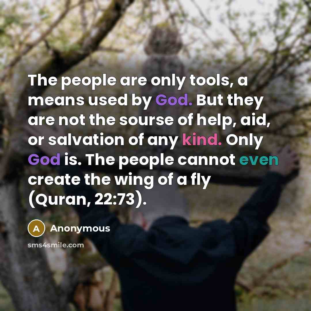“The people are only tools, a means used by God. But they are not the sourse of help, aid, or salvation of any kind. Only God is. The people cannot even create the wing of a fly (Quran, 22:73).” quote by Anonymous