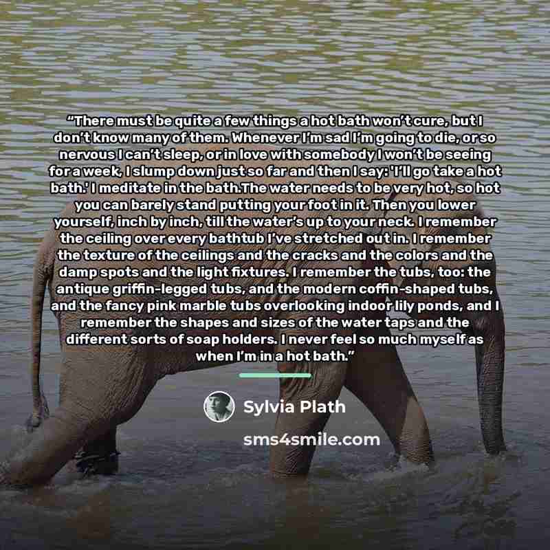 “There must be quite a few things a hot bath won’t cure, but I don’t know many of them. Whenever I’m sad I’m going to die, or so nervous I can’t sleep, or in love with somebody I won’t be seeing for a week, I slump down just so far and then I say: 'I’ll go take a hot bath.' I meditate in the…” quote by Sylvia Plath