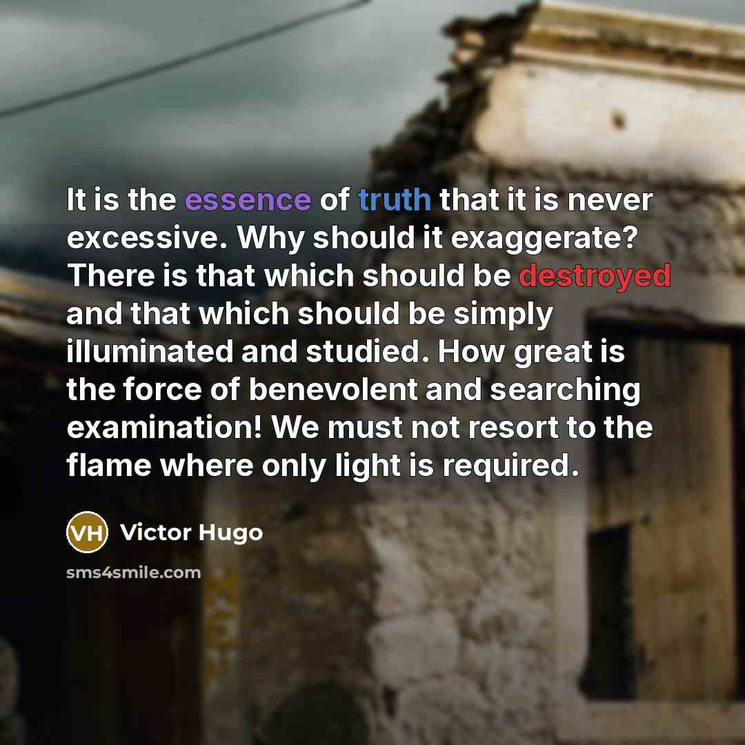 “It is the essence of truth that it is never excessive. Why should it exaggerate? There is that which should be destroyed and that which should be simply illuminated and studied. How great is the force of benevolent and searching examination! We must not resort to the flame where only light is…” quote by Victor Hugo