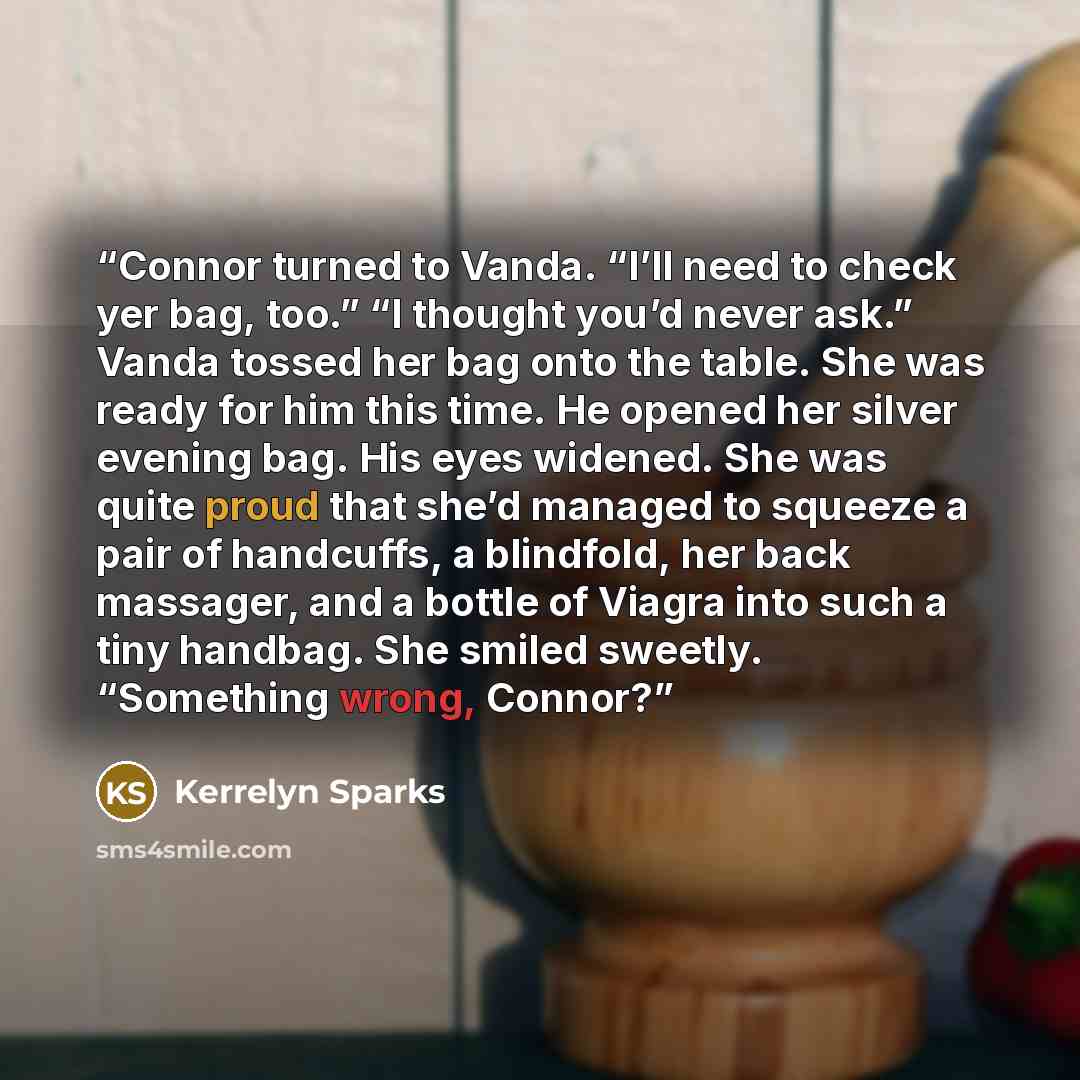 “Connor turned to Vanda. “I’ll need to check yer bag, too.” “I thought you’d never ask.” Vanda tossed her bag onto the table. She was ready for him this time. He opened her silver evening bag. His eyes widened. She was quite proud that she’d managed to squeeze a pair of handcuffs, a blindfold, her…” quote by Kerrelyn Sparks