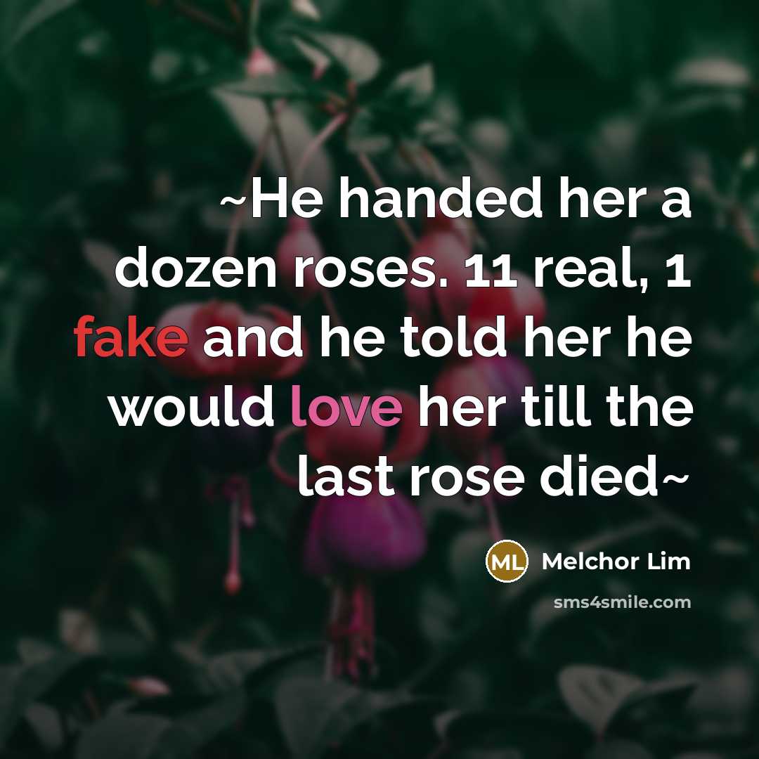 “~He handed her a dozen roses. 11 real, 1 fake and he told her he would love her till the last rose died~” quote by Melchor Lim