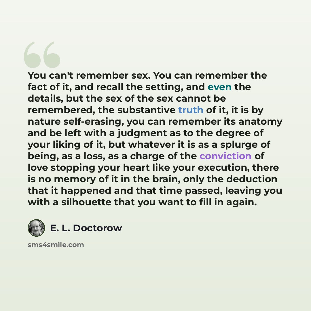 “You can't remember sex. You can remember the fact of it, and recall the setting, and even the details, but the sex of the sex cannot be remembered, the substantive truth of it, it is by nature self-erasing, you can remember its anatomy and be left with a judgment as to the degree of your liking of…” quote by E. L. Doctorow