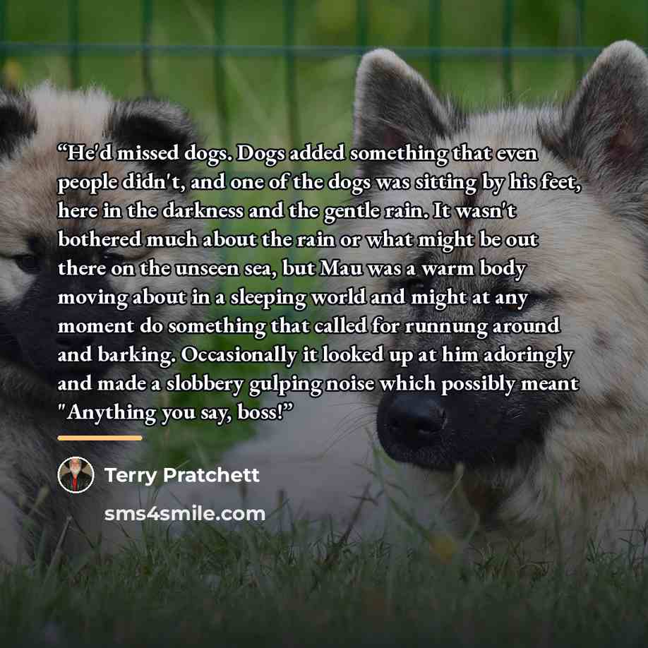 “He'd missed dogs. Dogs added something that even people didn't, and one of the dogs was sitting by his feet, here in the darkness and the gentle rain. It wasn't bothered much about the rain or what might be out there on the unseen sea, but Mau was a warm body moving about in a sleeping world and…” quote by Terry Pratchett