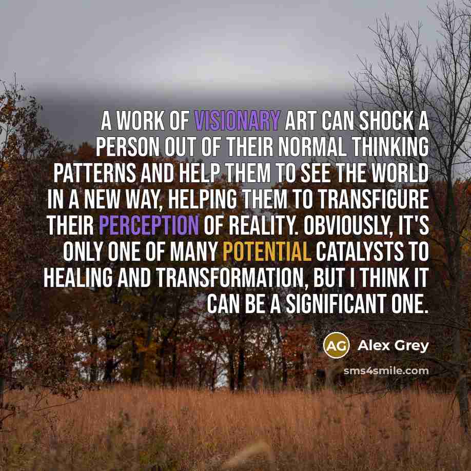 “A work of visionary art can shock a person out of their normal thinking patterns and help them to see the world in a new way, helping them to transfigure their perception of reality. Obviously, it's only one of many potential catalysts to healing and transformation, but I think it can be a…” quote by Alex Grey