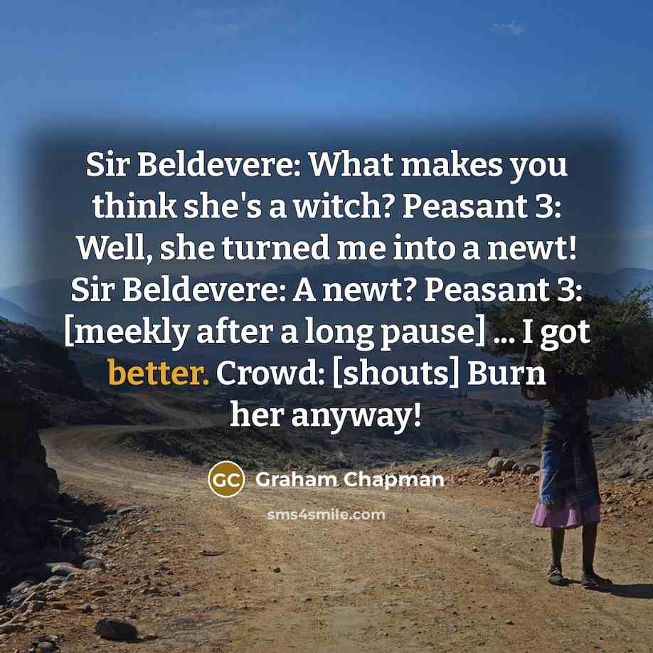 “Sir Beldevere: What makes you think she's a witch? Peasant 3: Well, she turned me into a newt! Sir Beldevere: A newt? Peasant 3: [meekly after a long pause] ... I got better. Crowd: [shouts] Burn her anyway!” quote by Graham Chapman