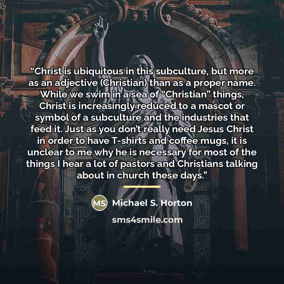 “Christ is ubiquitous in this subculture, but more as an adjective (Christian) than as a proper name. While we swim in a sea of “Christian” things, Christ is increasingly reduced to a mascot or symbol of a subculture and the industries that feed it. Just as you don’t really need Jesus Christ in…” quote by Michael S. Horton