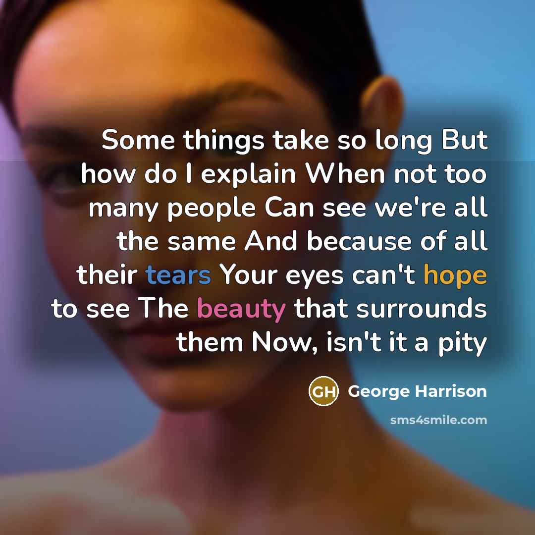 “Some things take so long But how do I explain When not too many people Can see we're all the same And because of all their tears Your eyes can't hope to see The beauty that surrounds them Now, isn't it a pity” quote by George Harrison