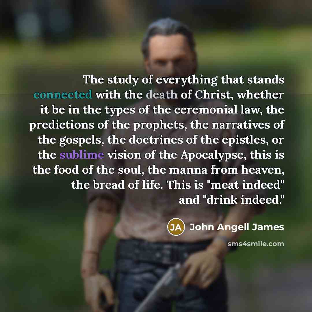 “The study of everything that stands connected with the death of Christ, whether it be in the types of the ceremonial law, the predictions of the prophets, the narratives of the gospels, the doctrines of the epistles, or the sublime vision of the Apocalypse, this is the food of the soul, the manna…” quote by John Angell James