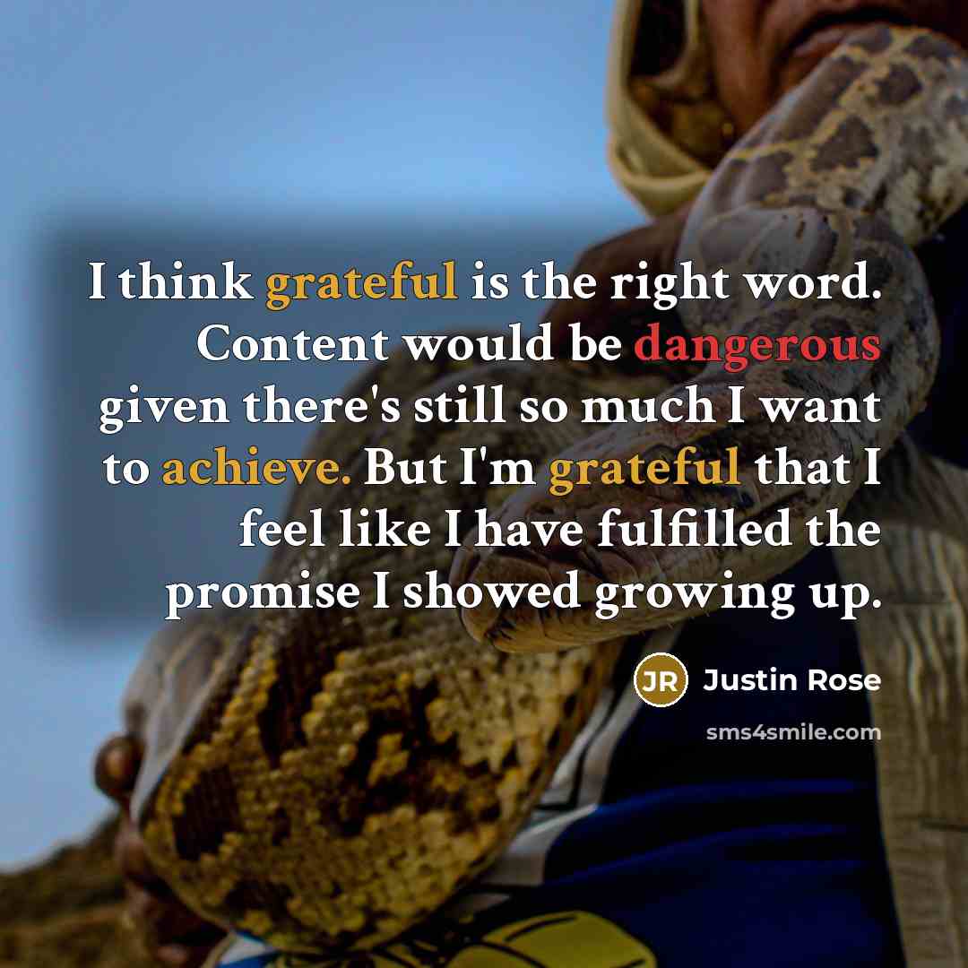 “I think grateful is the right word. Content would be dangerous given there's still so much I want to achieve. But I'm grateful that I feel like I have fulfilled the promise I showed growing up.” quote by Justin Rose