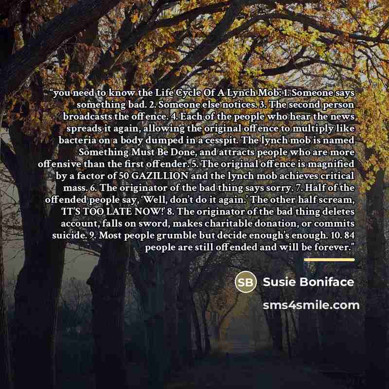 “you need to know the Life Cycle Of A Lynch Mob: 1. Someone says something bad. 2. Someone else notices. 3. The second person broadcasts the offence. 4. Each of the people who hear the news spreads it again, allowing the original offence to multiply like bacteria on a body dumped in a cesspit. The…” quote by Susie Boniface
