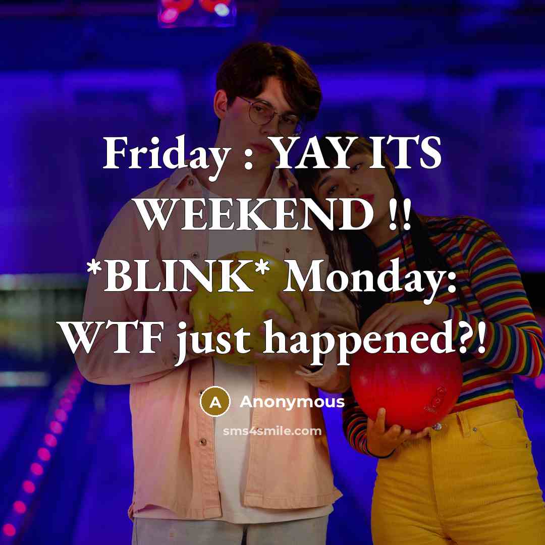 “Friday : YAY ITS WEEKEND !! *BLINK* Monday: WTF just happened?!” quote by Anonymous