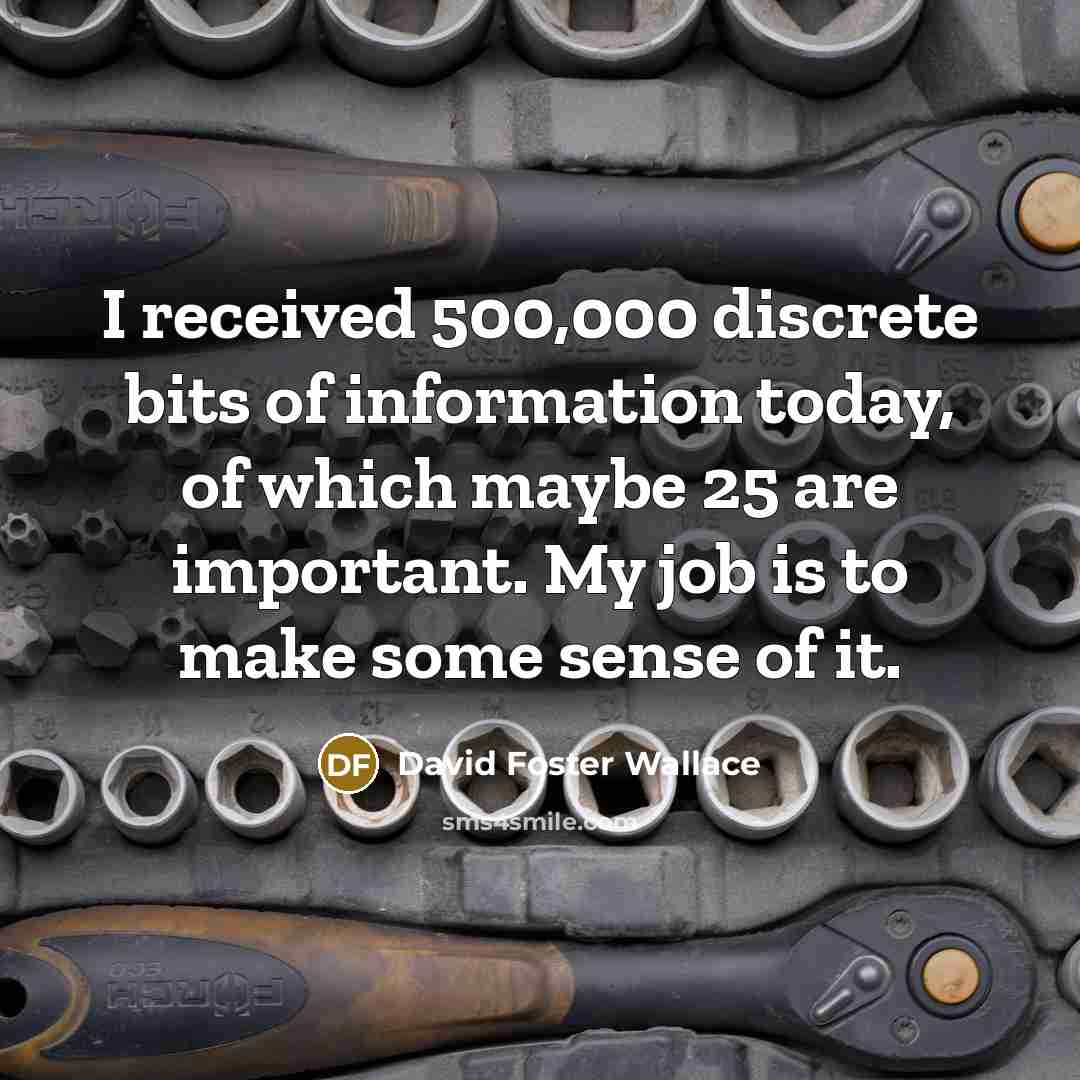 “I received 500,000 discrete bits of information today, of which maybe 25 are important. My job is to make some sense of it.” quote by David Foster Wallace