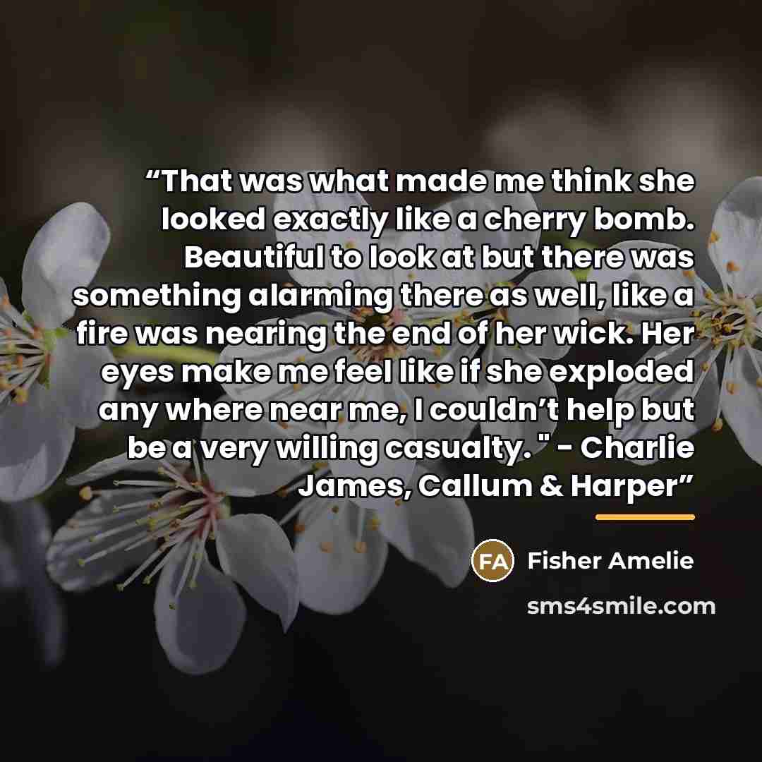 “That was what made me think she looked exactly like a cherry bomb. Beautiful to look at but there was something alarming there as well, like a fire was nearing the end of her wick. Her eyes make me feel like if she exploded any where near me, I couldn’t help but be a very willing casualty. "…” quote by Fisher Amelie