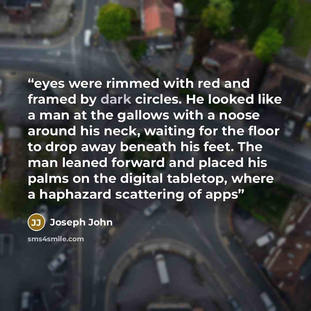 “eyes were rimmed with red and framed by dark circles. He looked like a man at the gallows with a noose around his neck, waiting for the floor to drop away beneath his feet. The man leaned forward and placed his palms on the digital tabletop, where a haphazard scattering of apps” quote by Joseph John