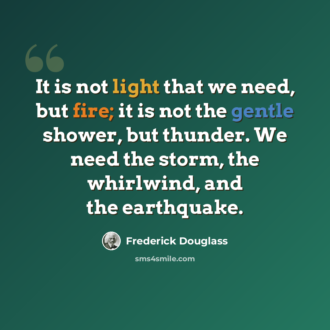 “It is not light that we need, but fire; it is not the gentle shower, but thunder. We need the storm, the whirlwind, and the earthquake.” quote by Frederick Douglass