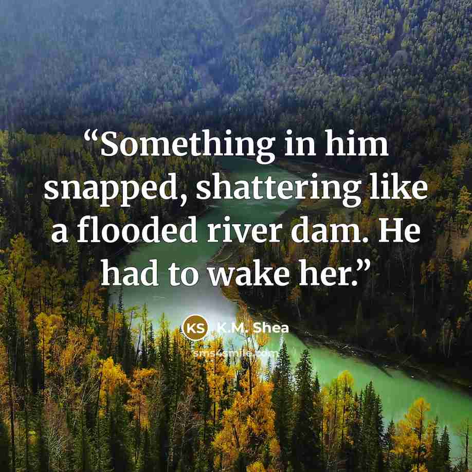 “Something in him snapped, shattering like a flooded river dam. He had to wake her.” quote by K.M. Shea