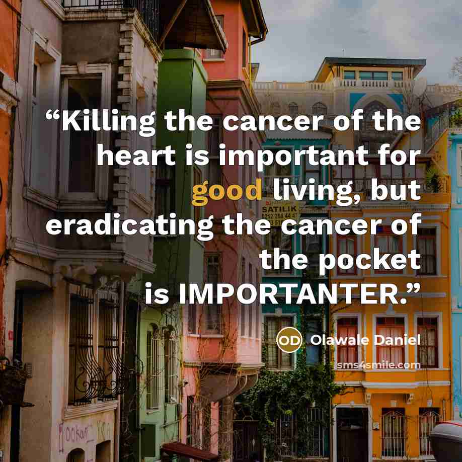 “Killing the cancer of the heart is important for good living, but eradicating the cancer of the pocket is IMPORTANTER.” quote by Olawale Daniel