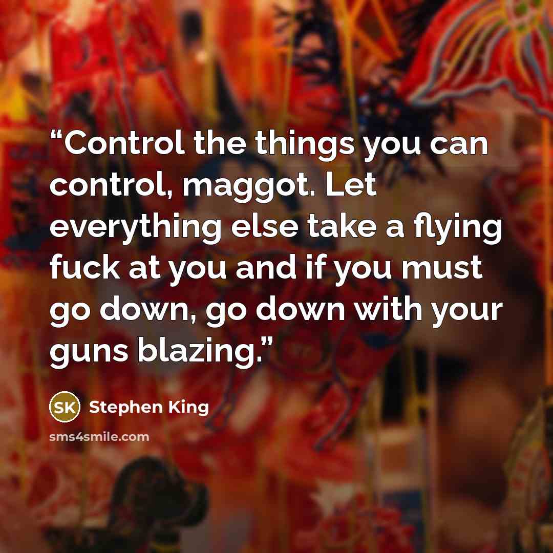 “Control the things you can control, maggot. Let everything else take a flying fuck at you and if you must go down, go down with your guns blazing.” quote by Stephen King