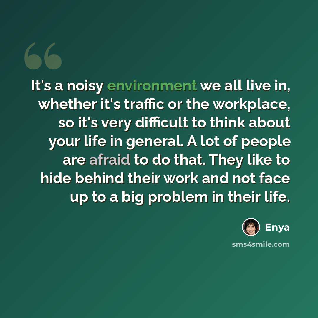 “It's a noisy environment we all live in, whether it's traffic or the workplace, so it's very difficult to think about your life in general. A lot of people are afraid to do that. They like to hide behind their work and not face up to a big problem in their life.” quote by Enya