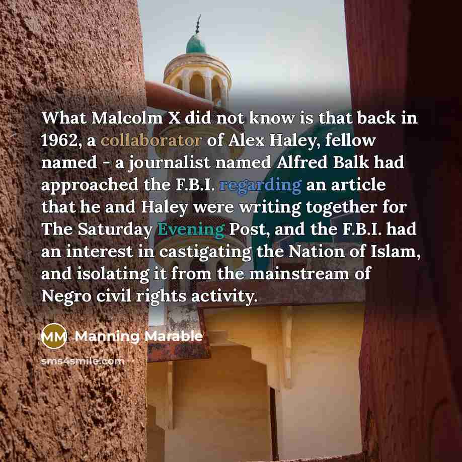 “What Malcolm X did not know is that back in 1962, a collaborator of Alex Haley, fellow named - a journalist named Alfred Balk had approached the F.B.I. regarding an article that he and Haley were writing together for The Saturday Evening Post, and the F.B.I. had an interest in castigating the…” quote by Manning Marable