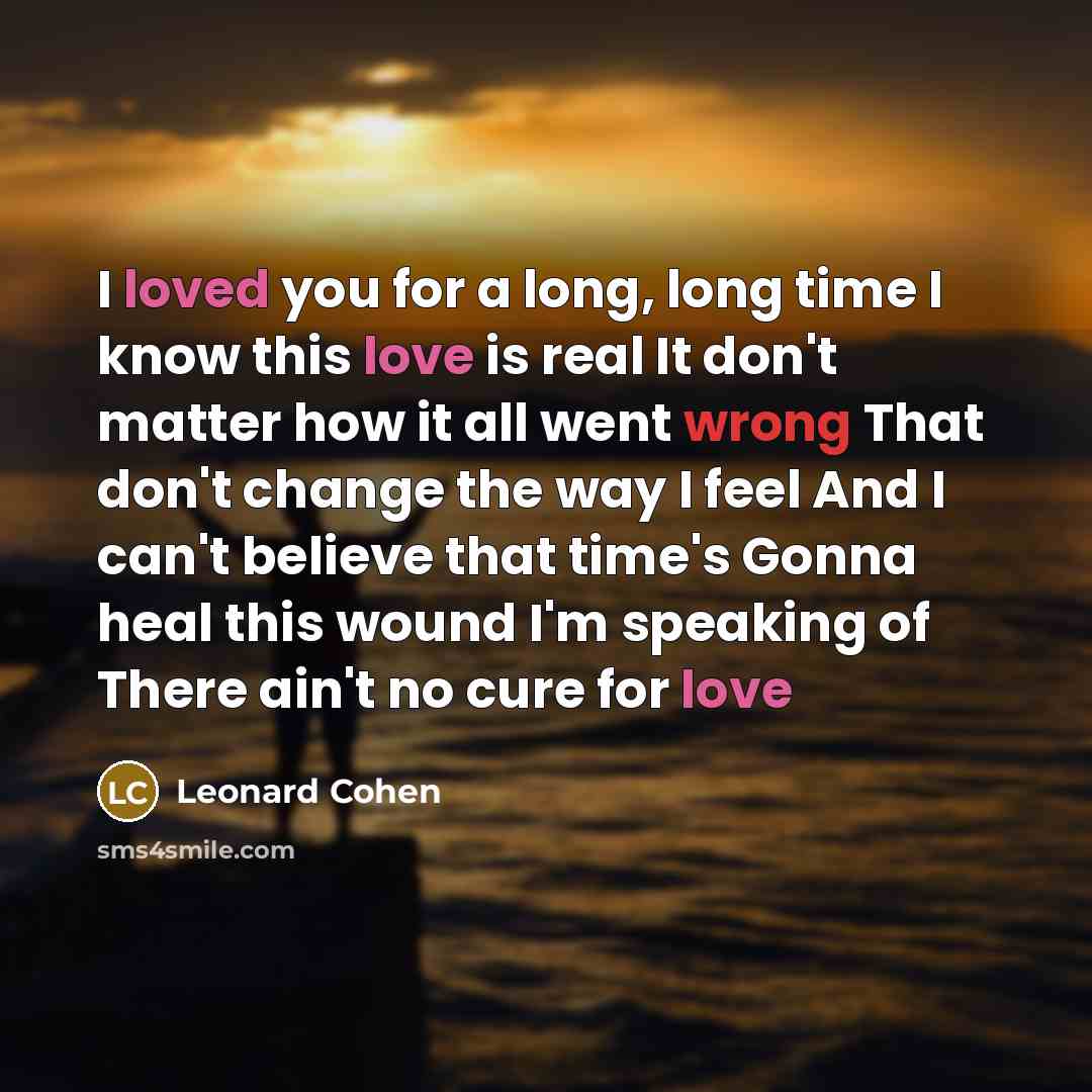 “I loved you for a long, long time I know this love is real It don't matter how it all went wrong That don't change the way I feel And I can't believe that time's Gonna heal this wound I'm speaking of There ain't no cure for love” quote by Leonard Cohen