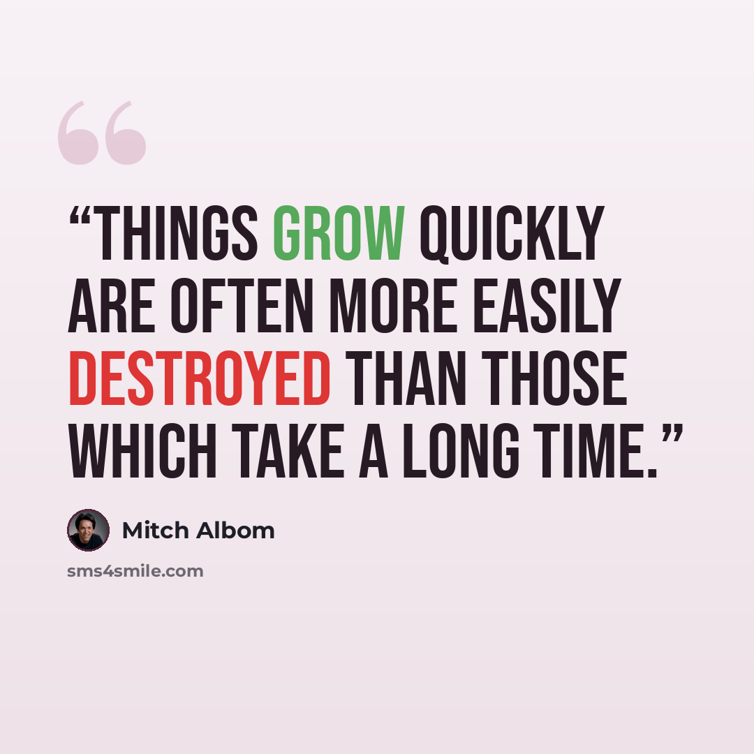 “Things grow quickly are often more easily destroyed than those which take a long time.” quote by Mitch Albom