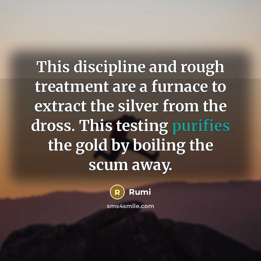 “This discipline and rough treatment are a furnace to extract the silver from the dross. This testing purifies the gold by boiling the scum away.” quote by Rumi