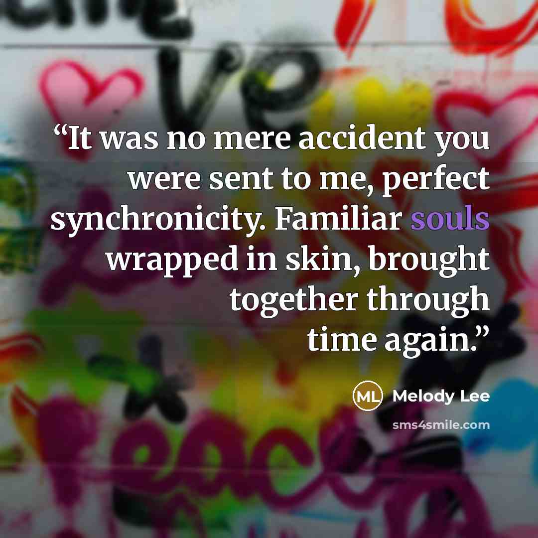 “It was no mere accident you were sent to me, perfect synchronicity. Familiar souls wrapped in skin, brought together through time again.” quote by Melody Lee
