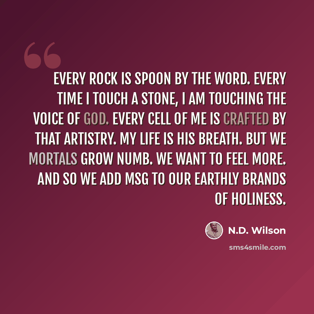 “Every rock is spoon by the Word. Every time I touch a stone, I am touching the Voice of God. Every cell of me is crafted by that artistry. My life is His breath. But we mortals grow numb. We want to feel more. And so we add MSG to our earthly brands of holiness.” quote by N.D. Wilson