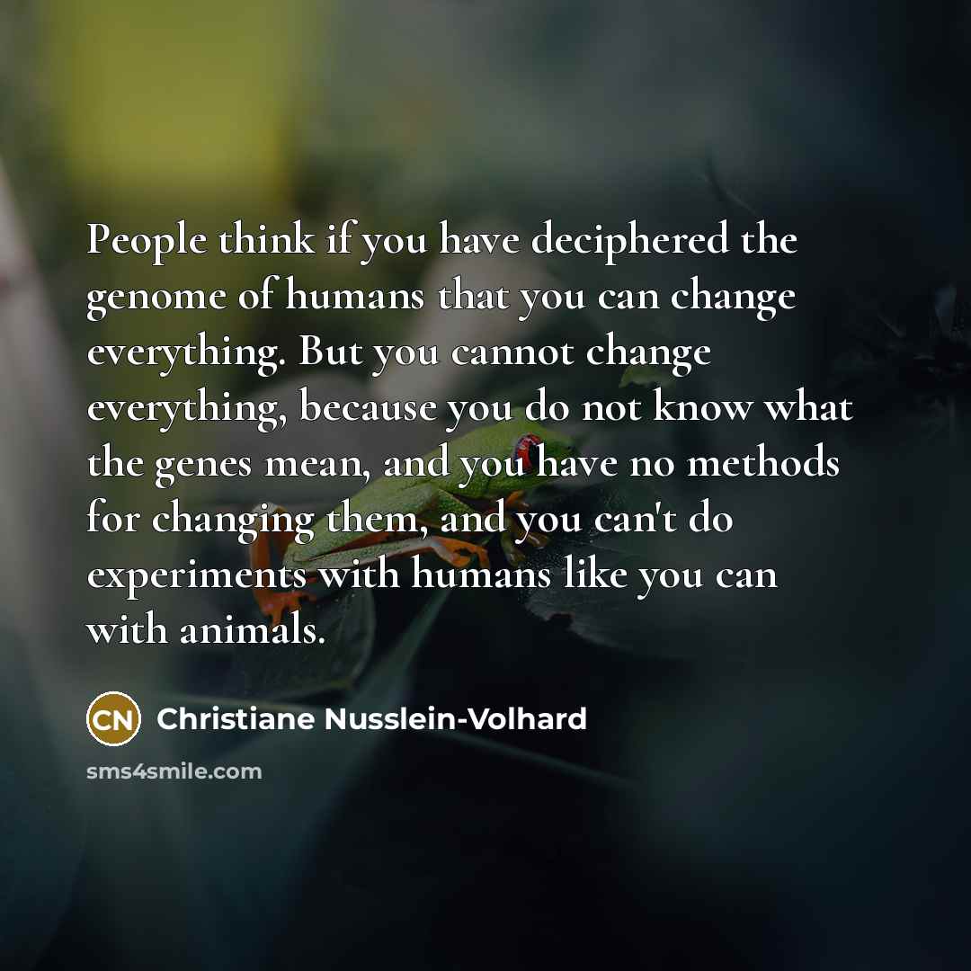 “People think if you have deciphered the genome of humans that you can change everything. But you cannot change everything, because you do not know what the genes mean, and you have no methods for changing them, and you can't do experiments with humans like you can with animals.” quote by Christiane Nusslein-Volhard