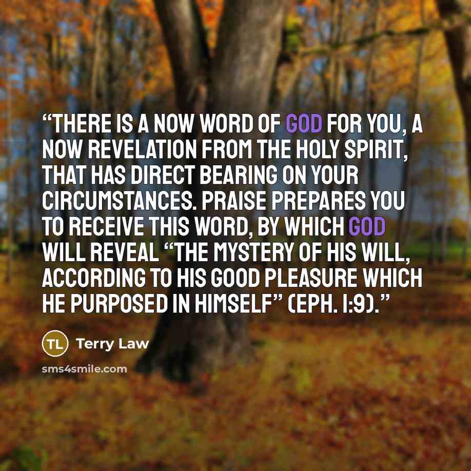 “There is a now Word of God for you, a now revelation from the Holy Spirit, that has direct bearing on your circumstances. Praise prepares you to receive this Word, by which God will reveal “the mystery of His will, according to His good pleasure which He purposed in Himself” (Eph. 1:9).” quote by Terry Law
