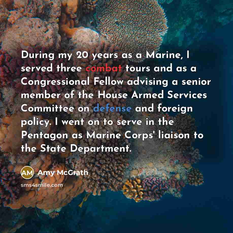 “During my 20 years as a Marine, I served three combat tours and as a Congressional Fellow advising a senior member of the House Armed Services Committee on defense and foreign policy. I went on to serve in the Pentagon as Marine Corps' liaison to the State Department.” quote by Amy McGrath