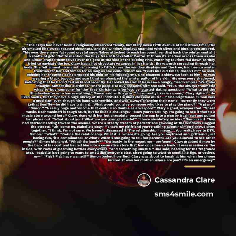 “The Frays had never been a religiously observant family, but Clary loved Fifth Avenue at Christmas time. The air smelled like sweet roasted chestnuts, and the window displays sparkled with silver and blue, green and red. This year there were fat round crystal snowflakes attached to each lamppost…” quote by Cassandra Clare