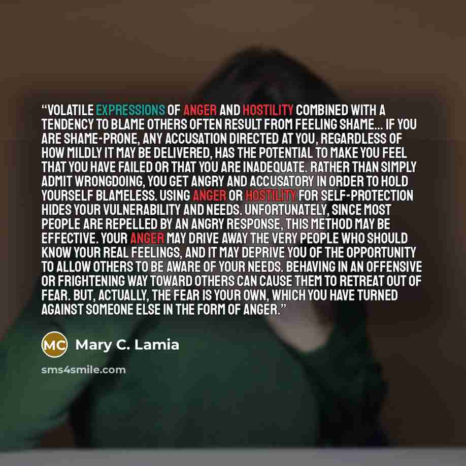 “Volatile expressions of anger and hostility combined with a tendency to blame others often result from feeling shame… If you are shame-prone, any accusation directed at you, regardless of how mildly it may be delivered, has the potential to make you feel that you have failed or that you are…” quote by Mary C. Lamia