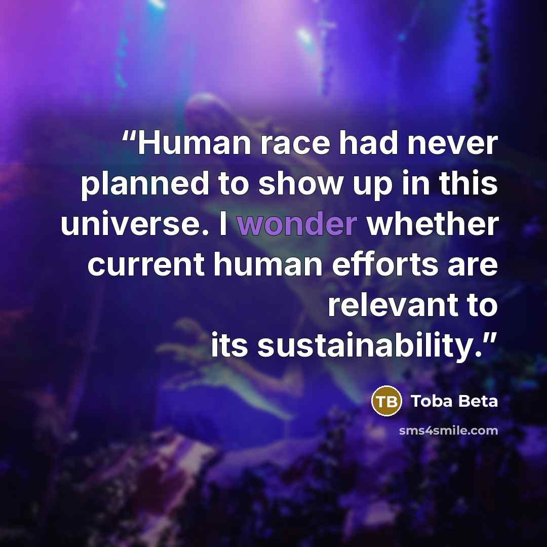 “Human race had never planned to show up in this universe. I wonder whether current human efforts are relevant to its sustainability.” quote by Toba Beta
