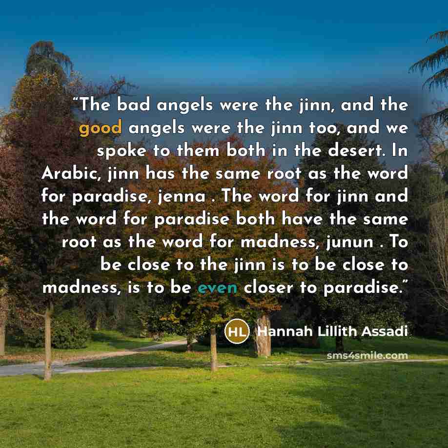 “The bad angels were the jinn, and the good angels were the jinn too, and we spoke to them both in the desert. In Arabic, jinn has the same root as the word for paradise, jenna . The word for jinn and the word for paradise both have the same root as the word for madness, junun . To be close to the…” quote by Hannah Lillith Assadi